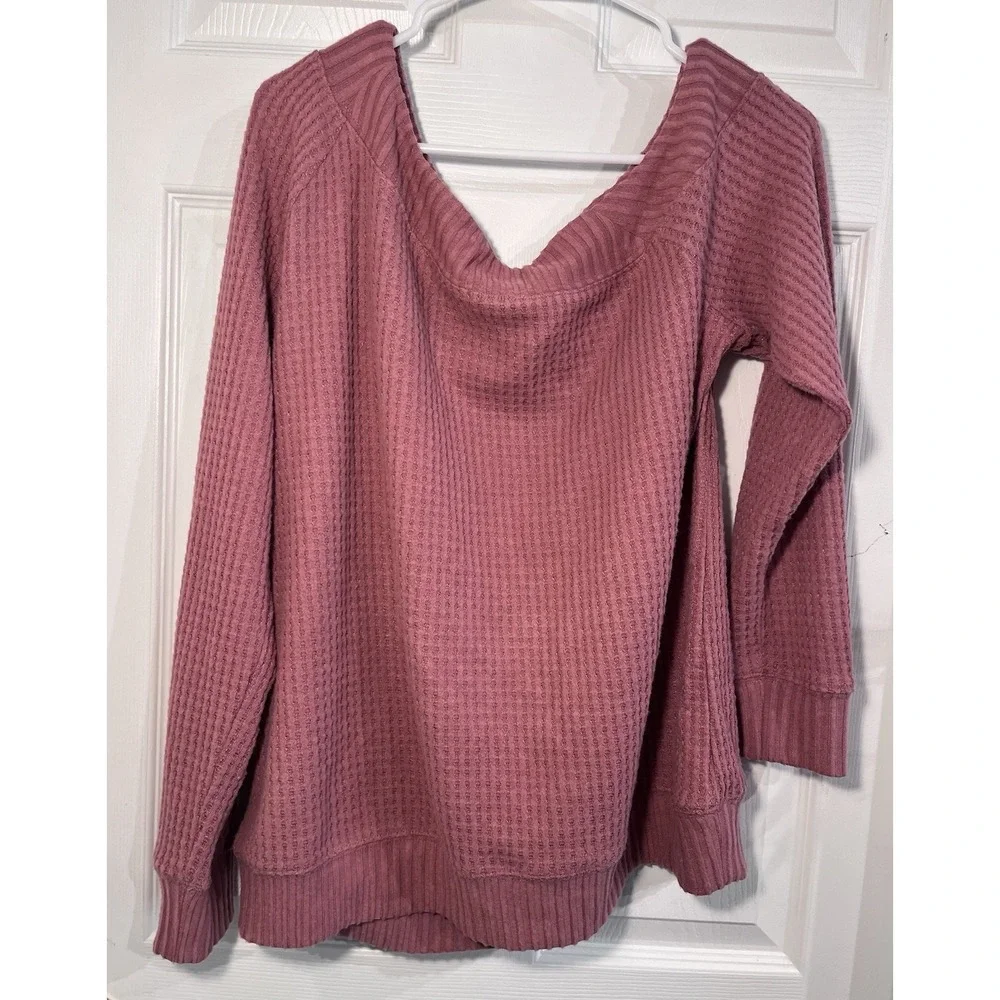 Torrid Off Shoulder Waffle Knit Sweatshirt Pink Size 0  12 Plus Soft Cozy NWT - Picture 4 of 11